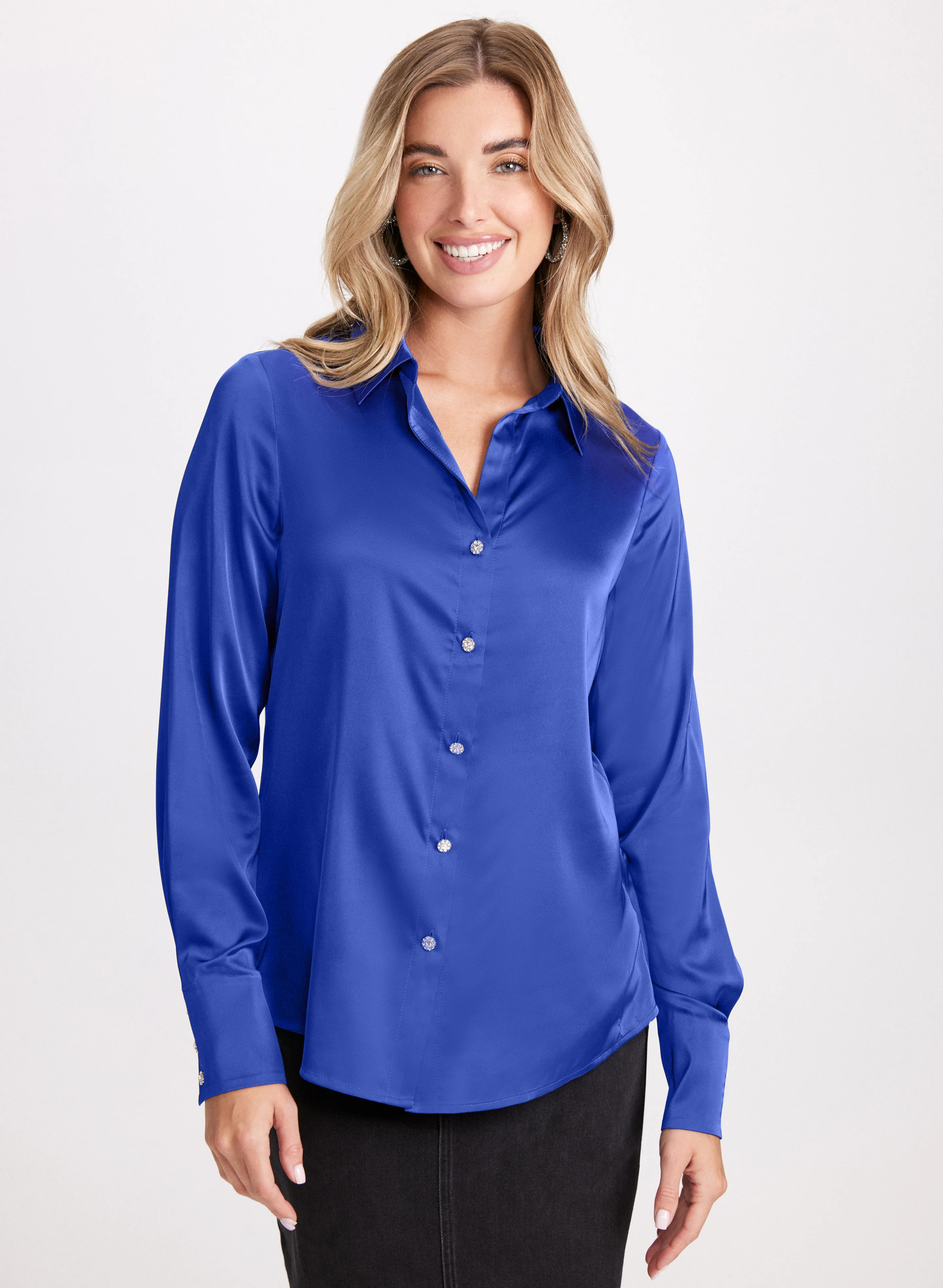 Satin Rhinestone Button Blouse - Image 5