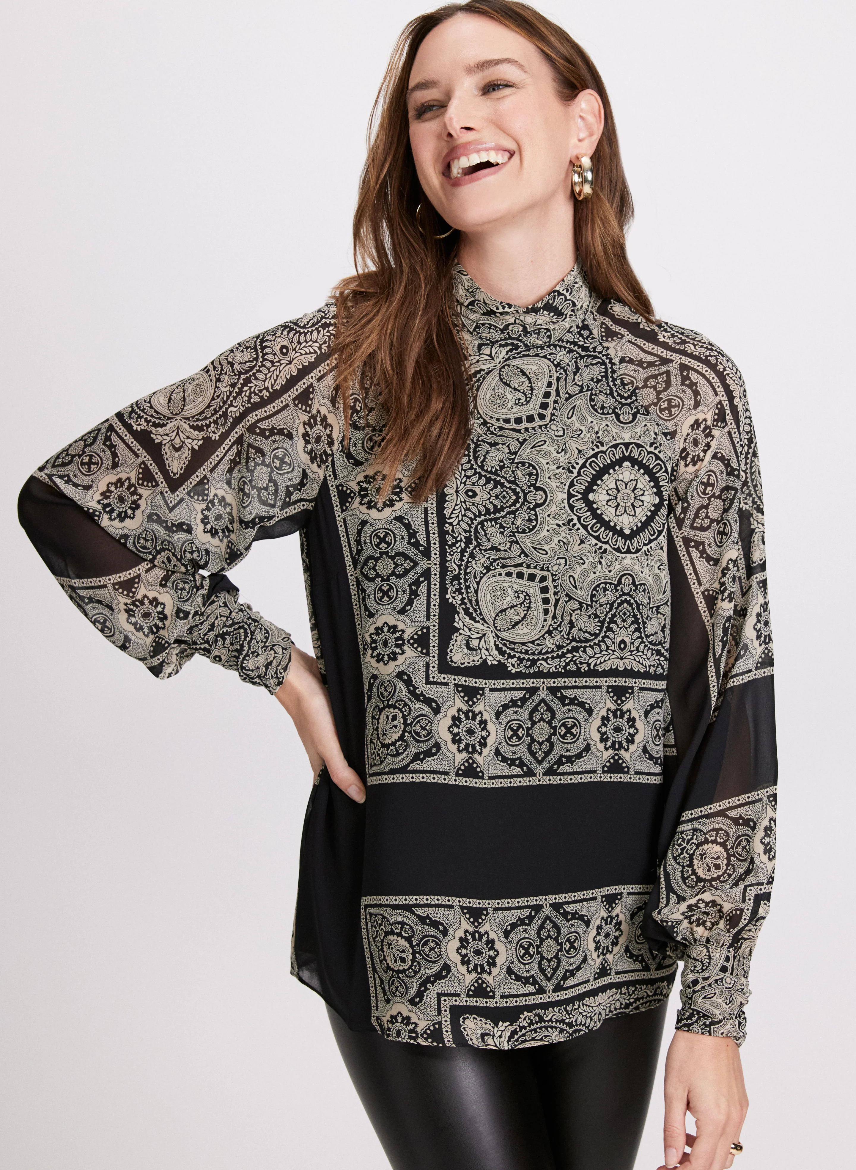 Scarf Print Mock Neck Blouse - Image 4