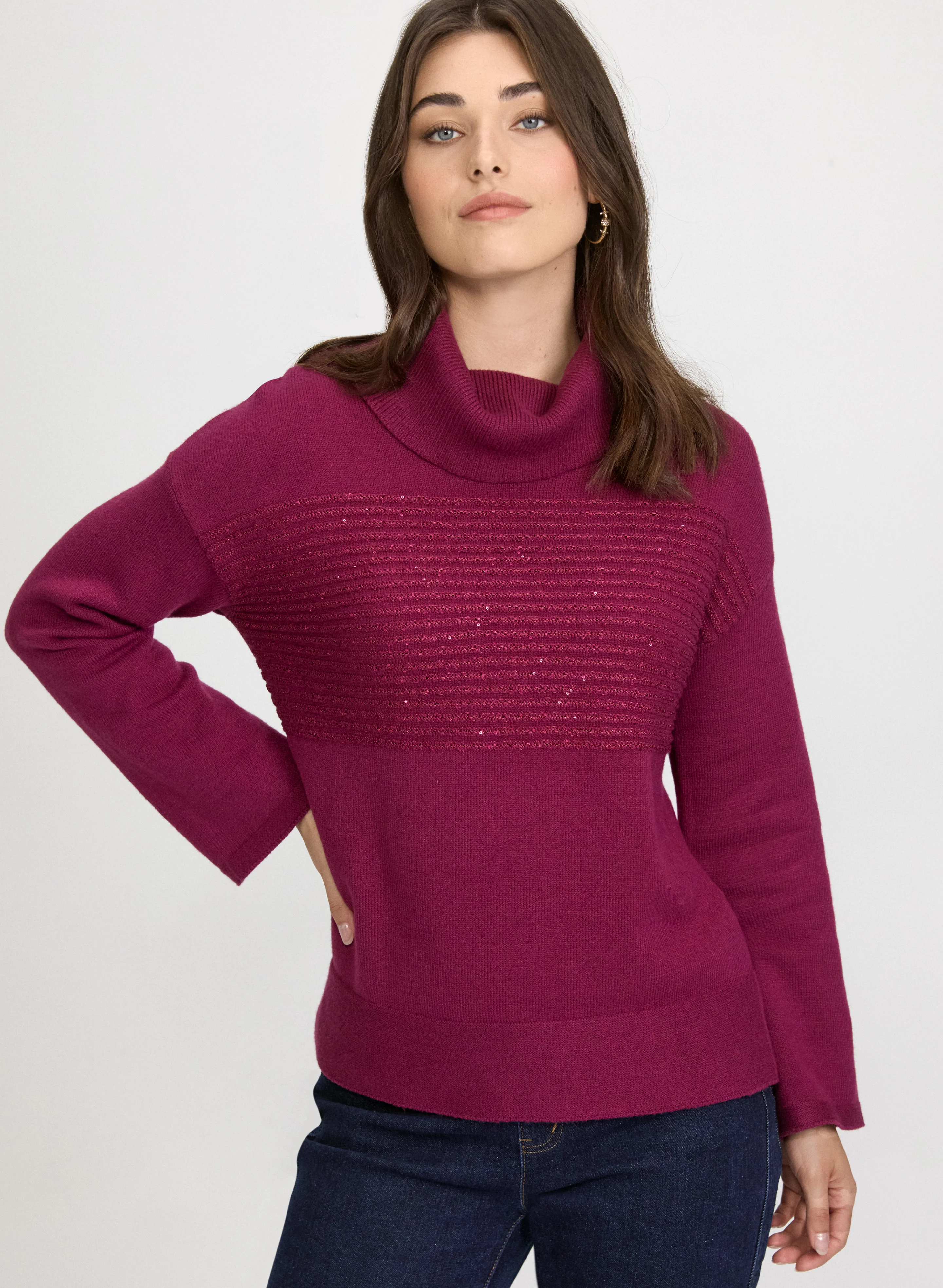 Sequin Striped Cowl Neck Sweater