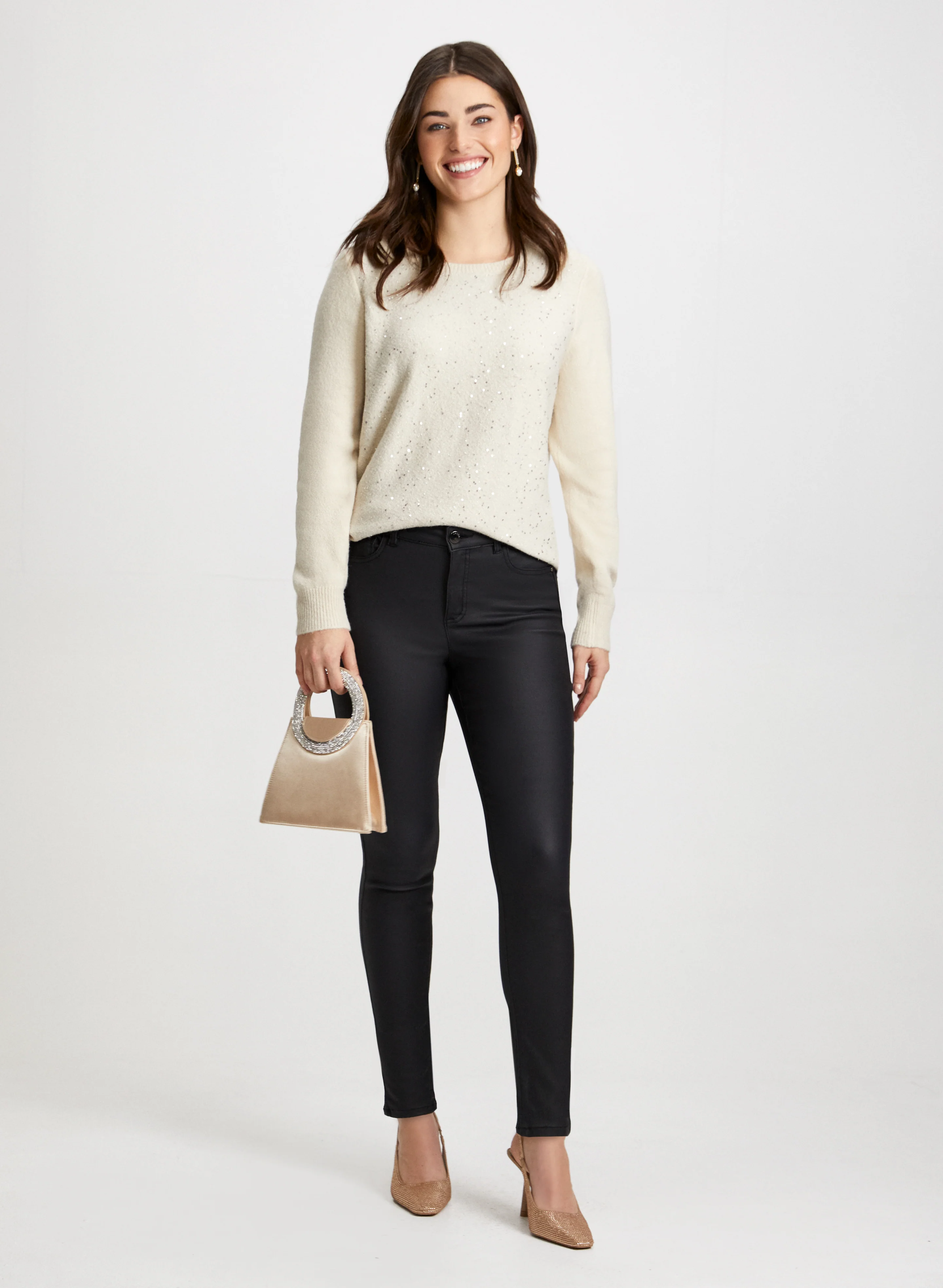 Sequin Sweater & Coated Jeans
