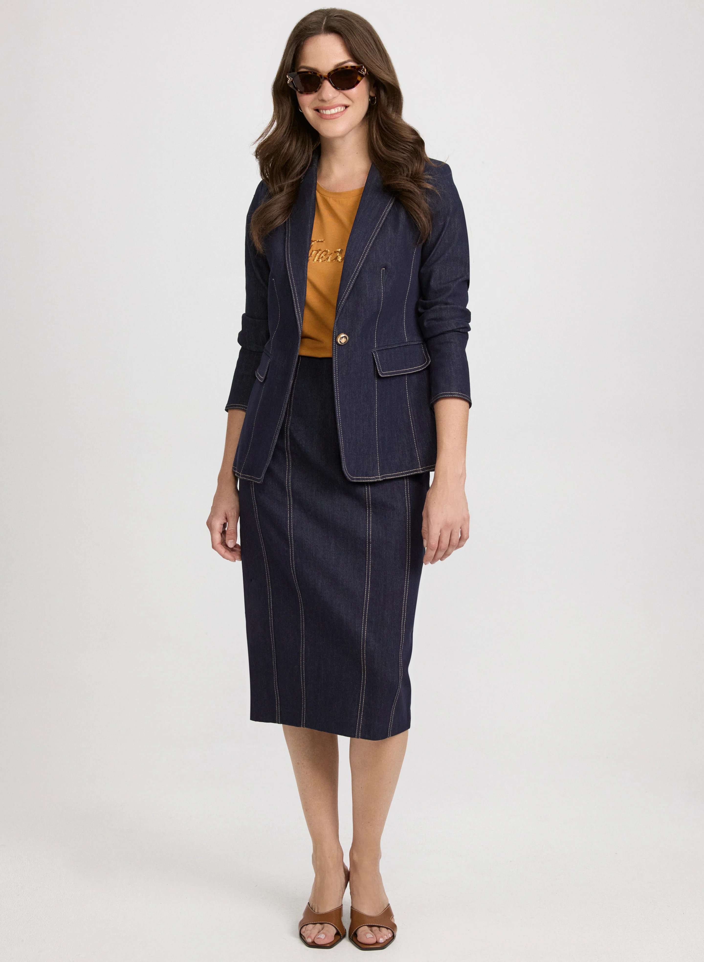 Contrast Stitch Denim Blazer & Denim Pencil Skirt