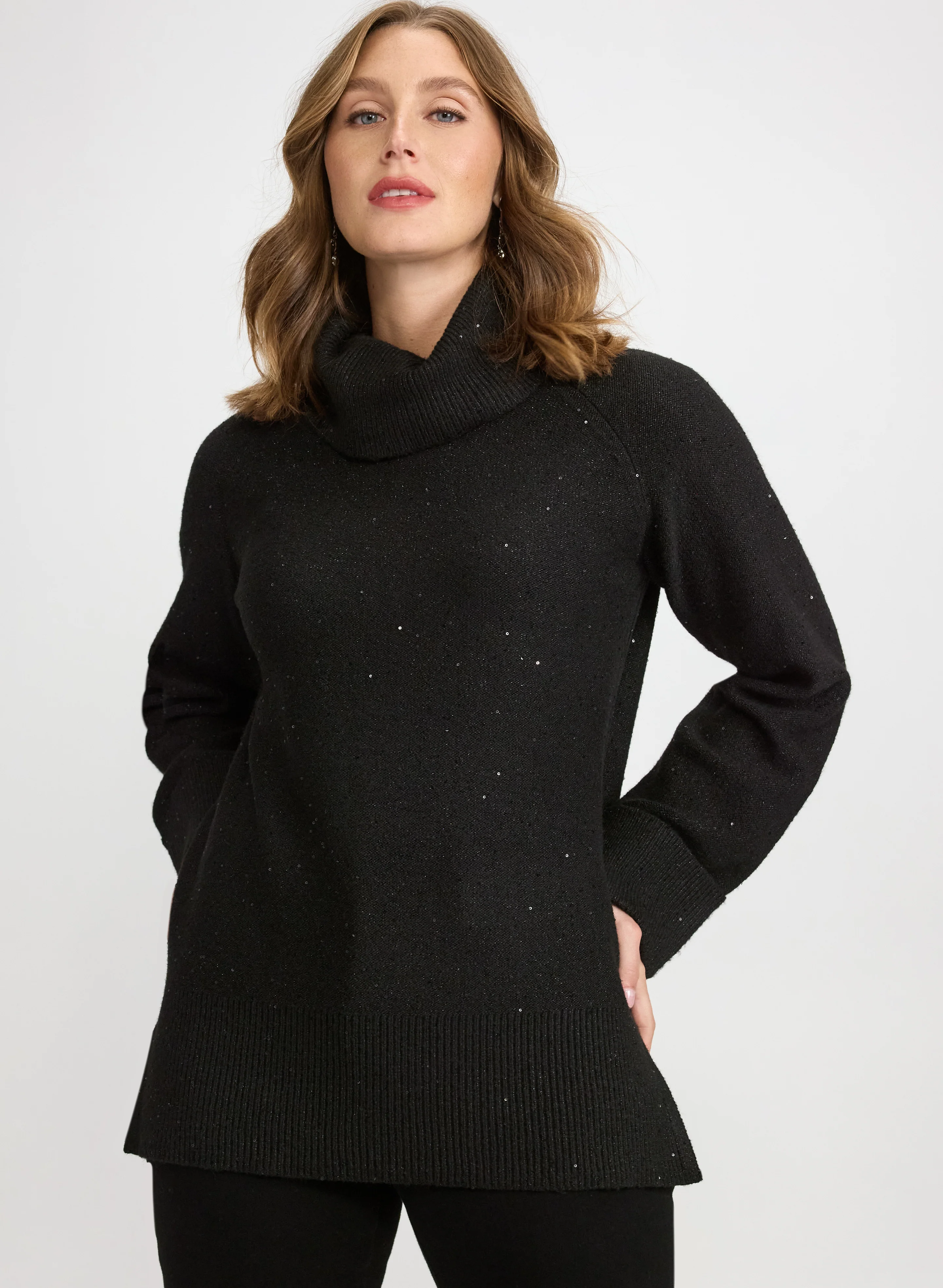 Sequined Cowl Neck Tunic Sweater