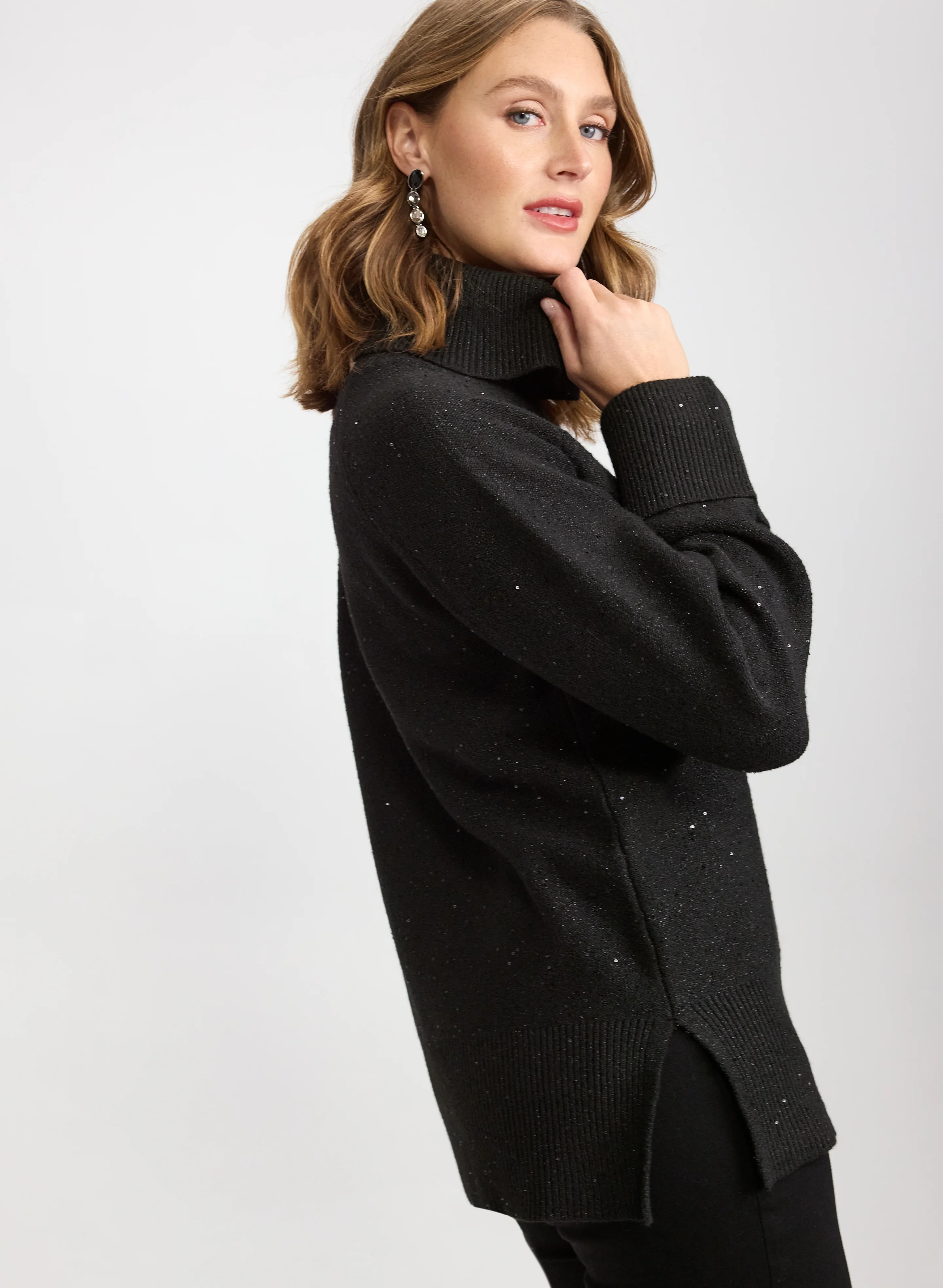 Sequined Cowl Neck Tunic Sweater - Image 2