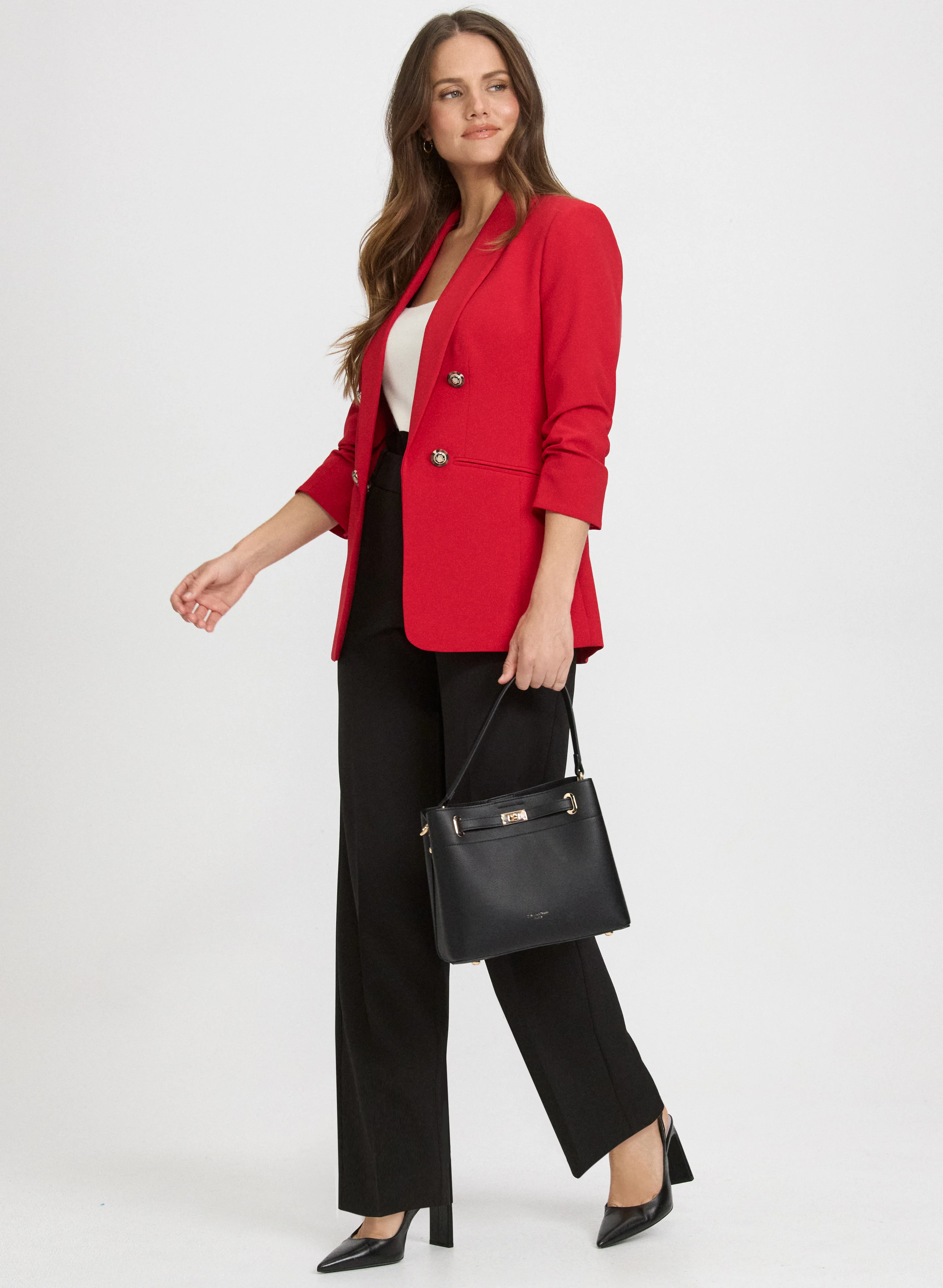 Shawl Collar Blazer & Embossed Button Wide-Leg Pants