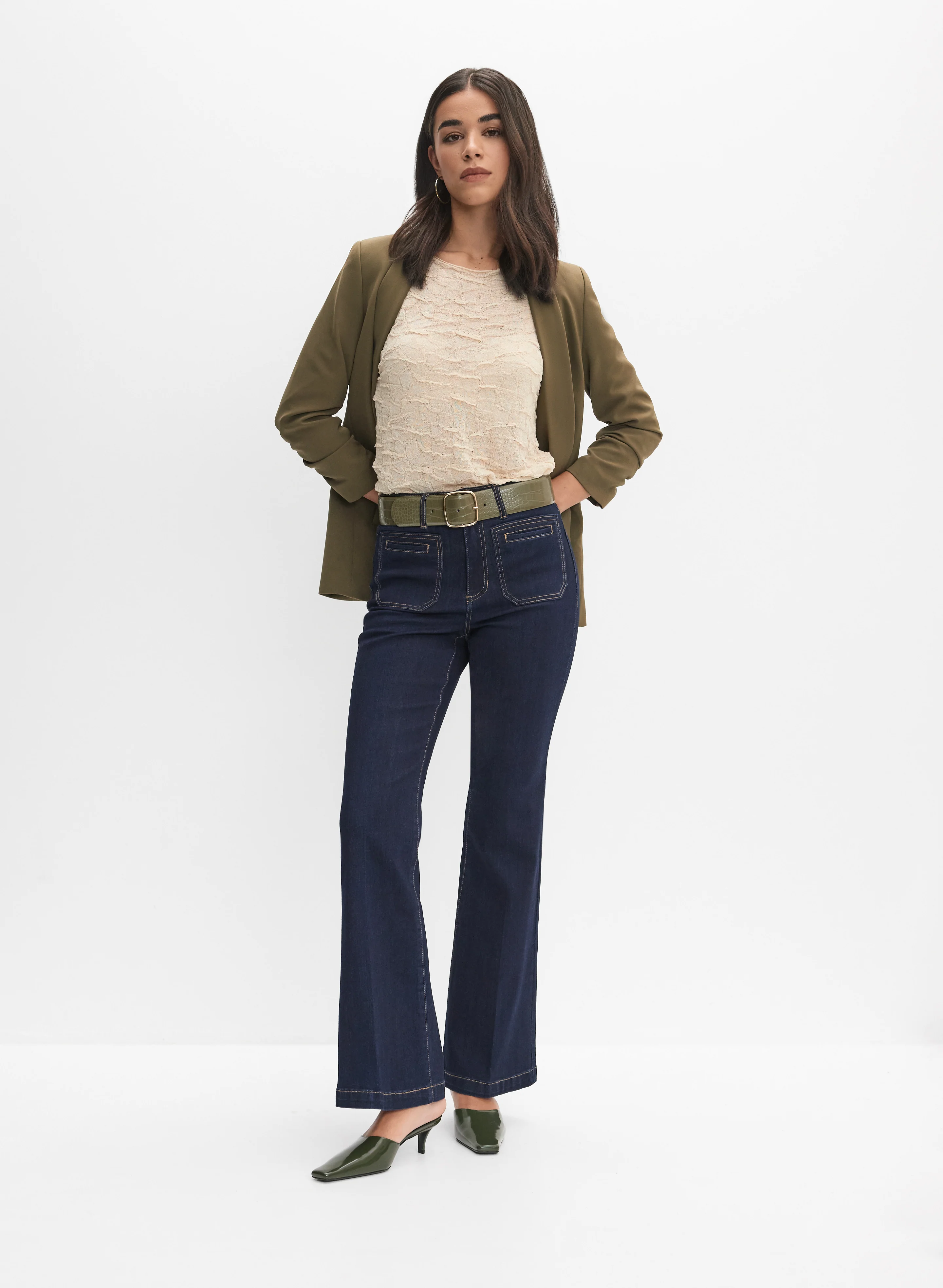 Shawl Collar Blazer & Patch Pocket Flare-Leg Jeans
