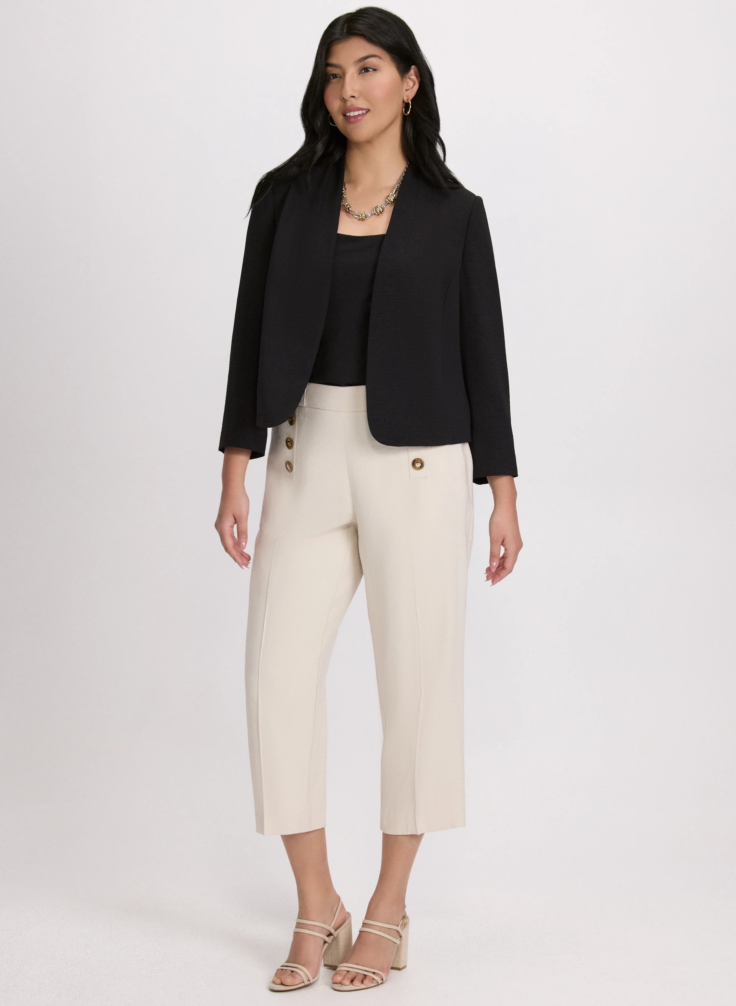 Short Collarless Jacket & Button Detail Capris