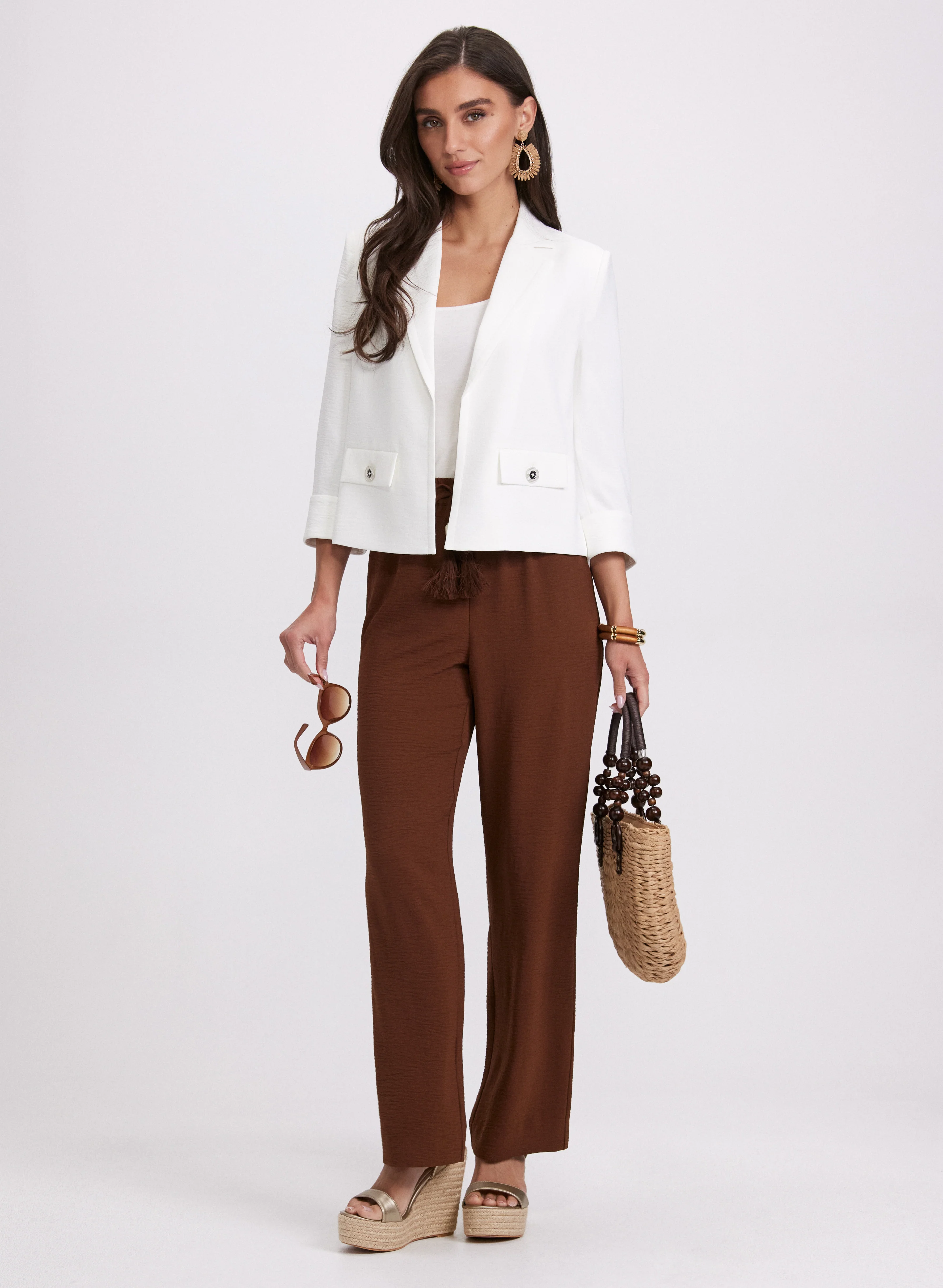 Short Notch Collar Jacket & Crinkle Wide-Leg Pants