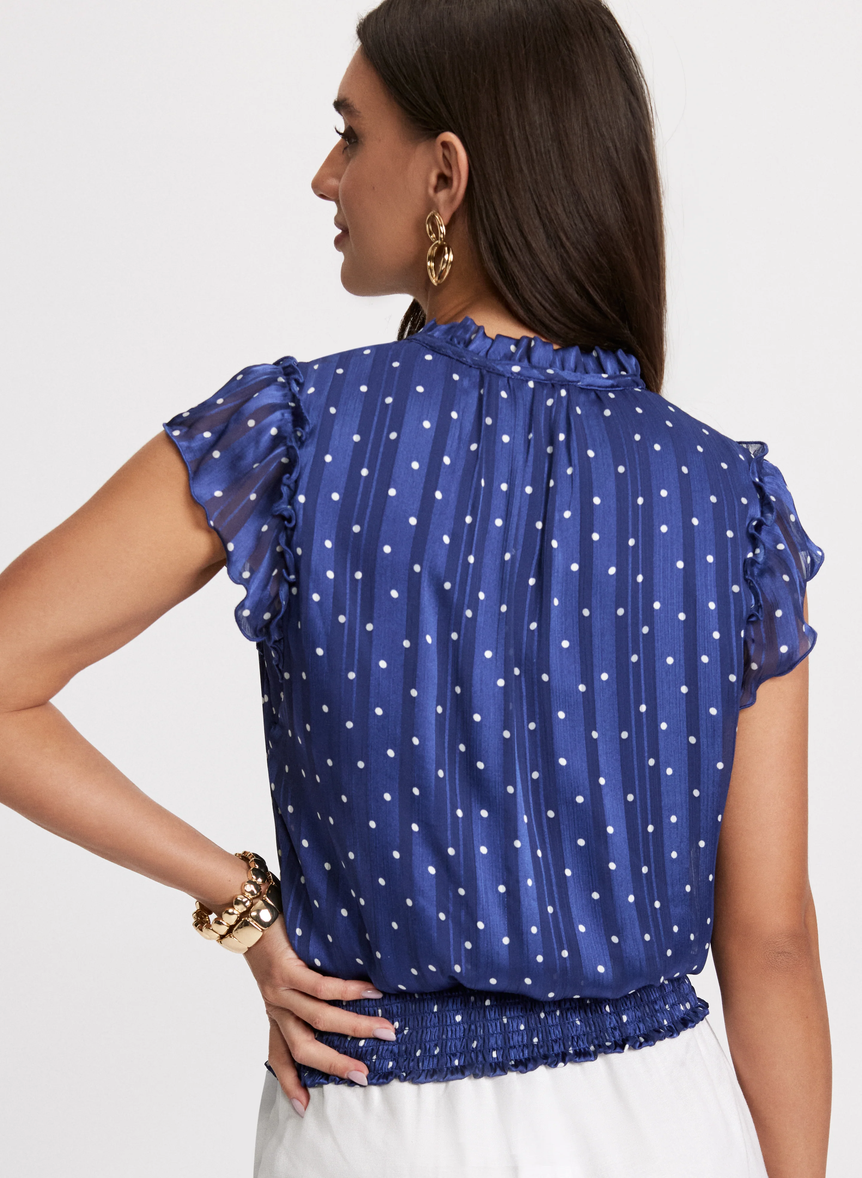 Polka Dot Print Smocked Blouse - Image 4