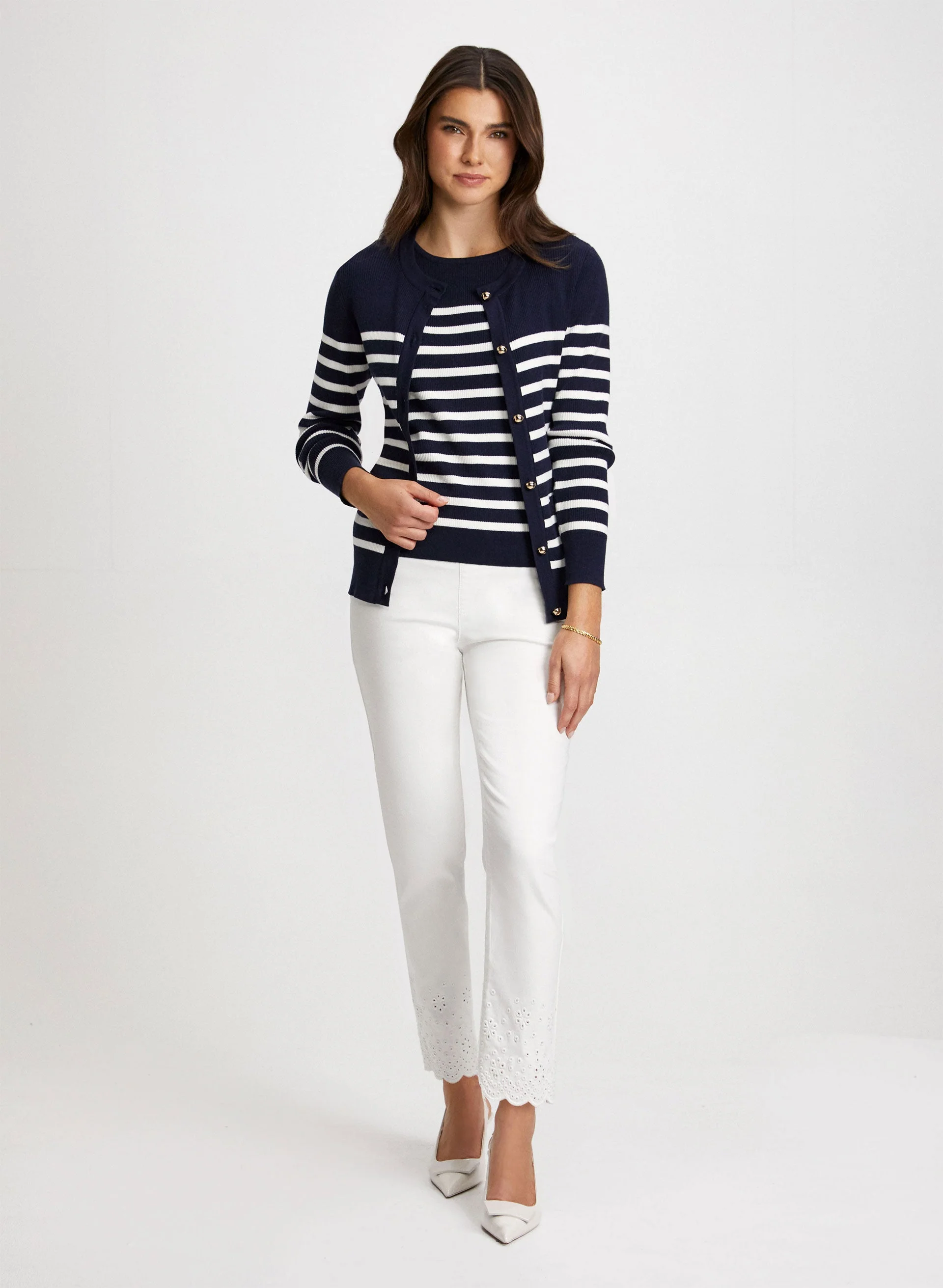 Striped Cardigan & Top & Scalloped Jeans