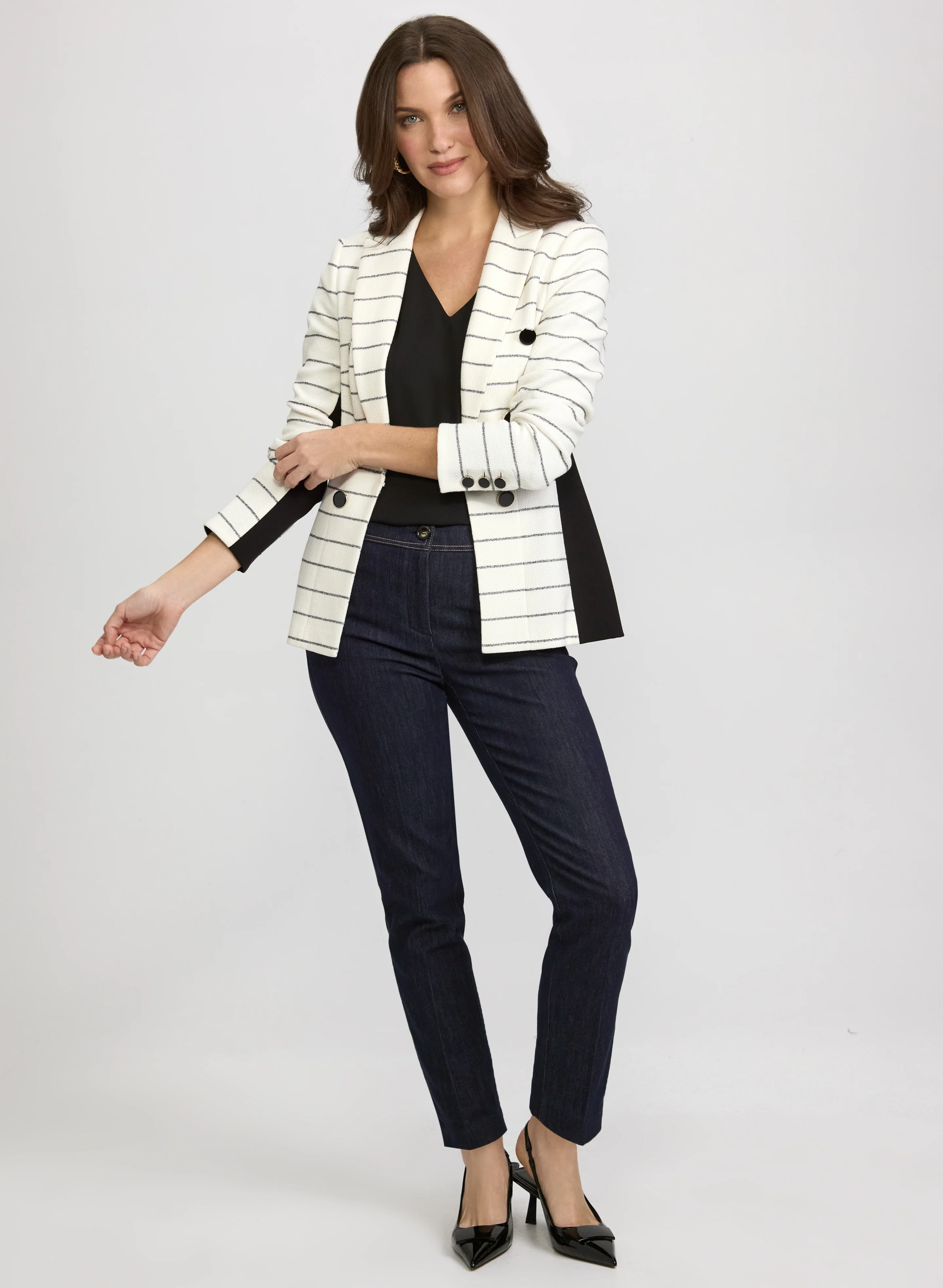 Striped Knit Blazer & Tencel-Denim Slim-Leg Pants