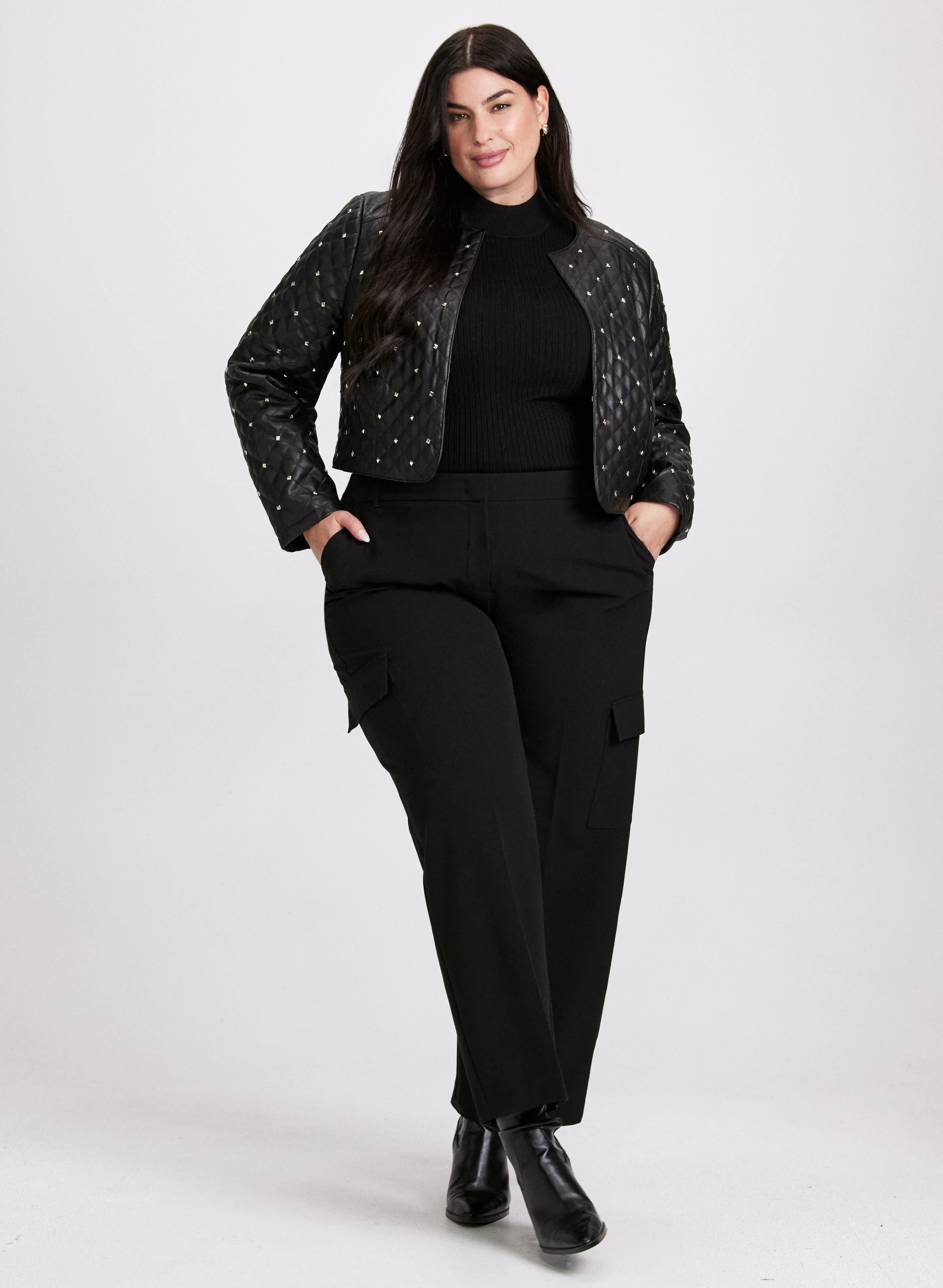 Studded Vegan Leather Jacket & High Rise Flared Leg Jeans