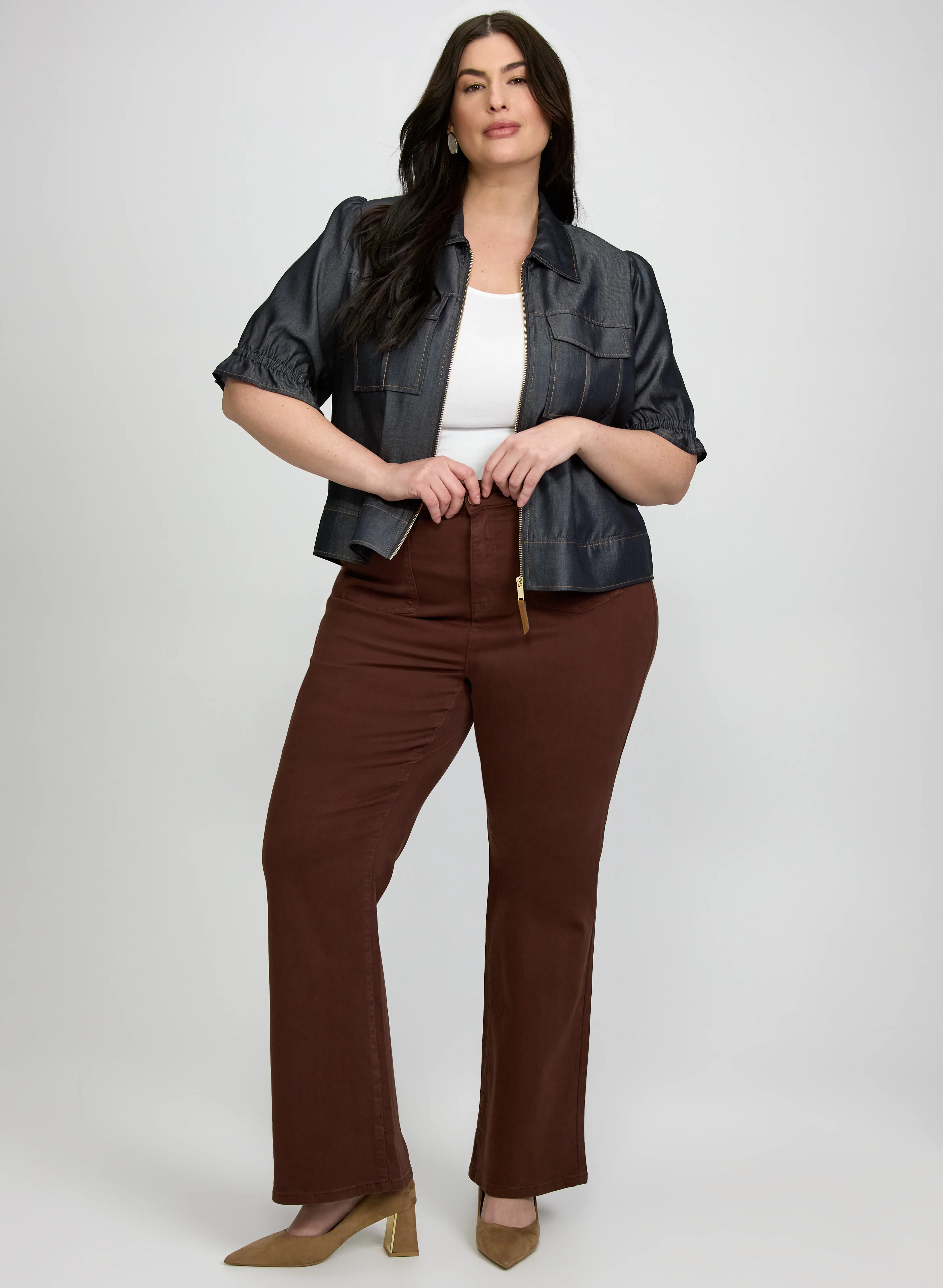 Tencel-Denim Short Sleeve Jacket & Flare-Leg Jeans