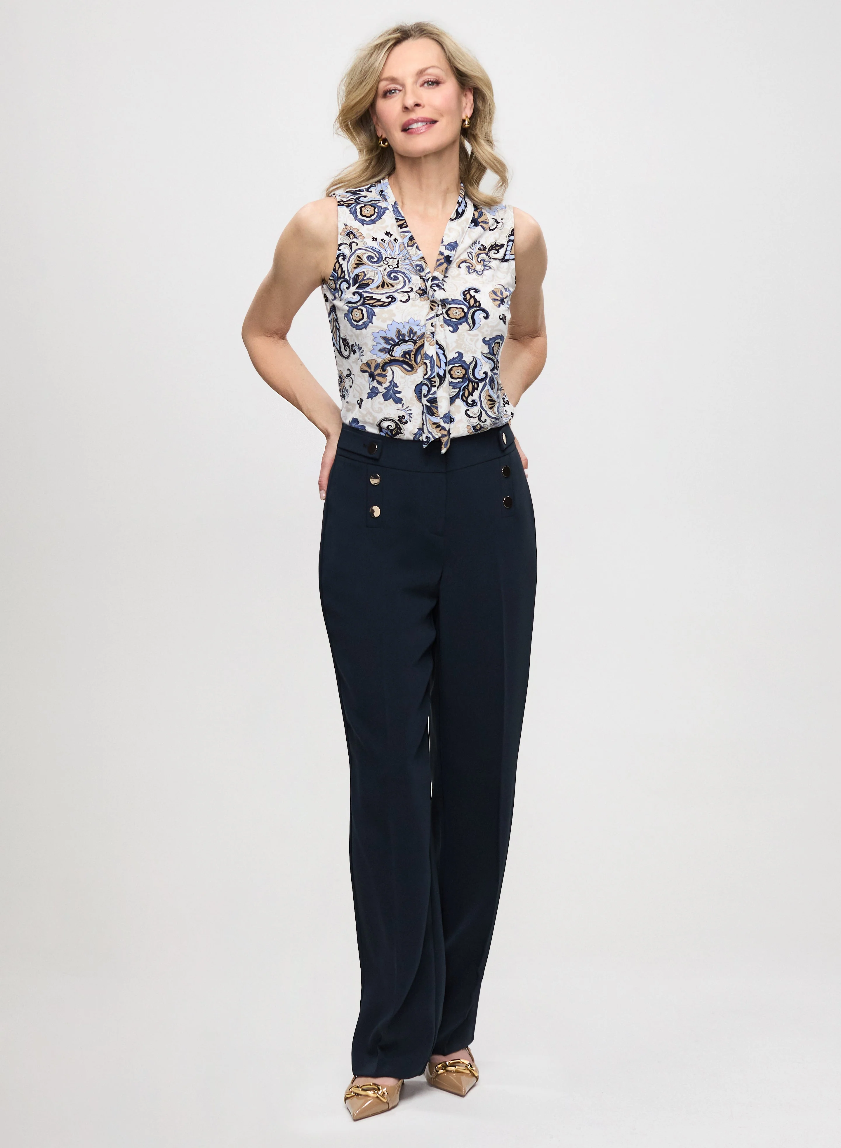 Tie-Neck Paisley Print Top & Wide Leg Pants