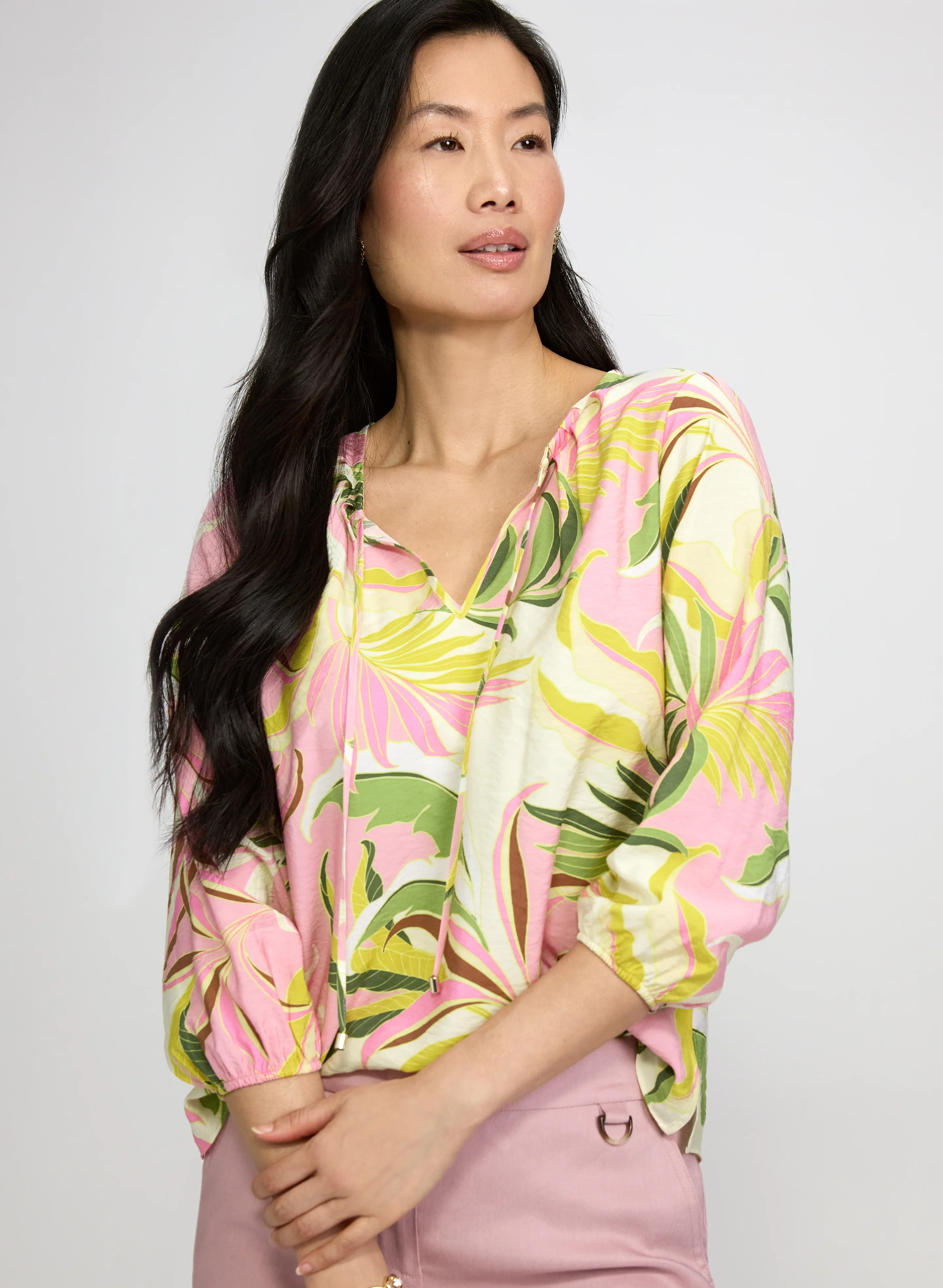 Tropical Print Tie-Neck Blouse