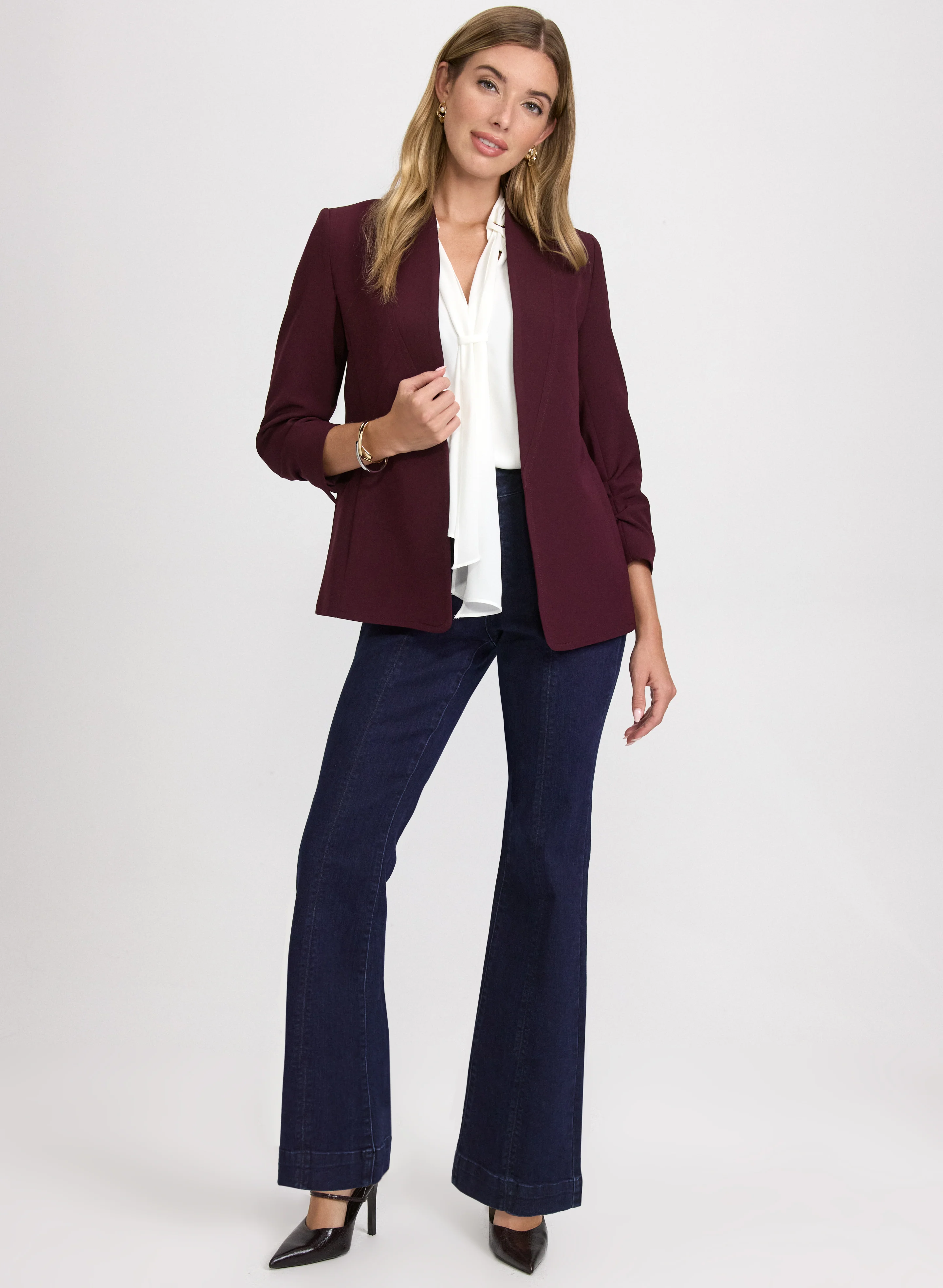 Twill 3/4 Sleeve Blazer & Wide-Leg Jeans