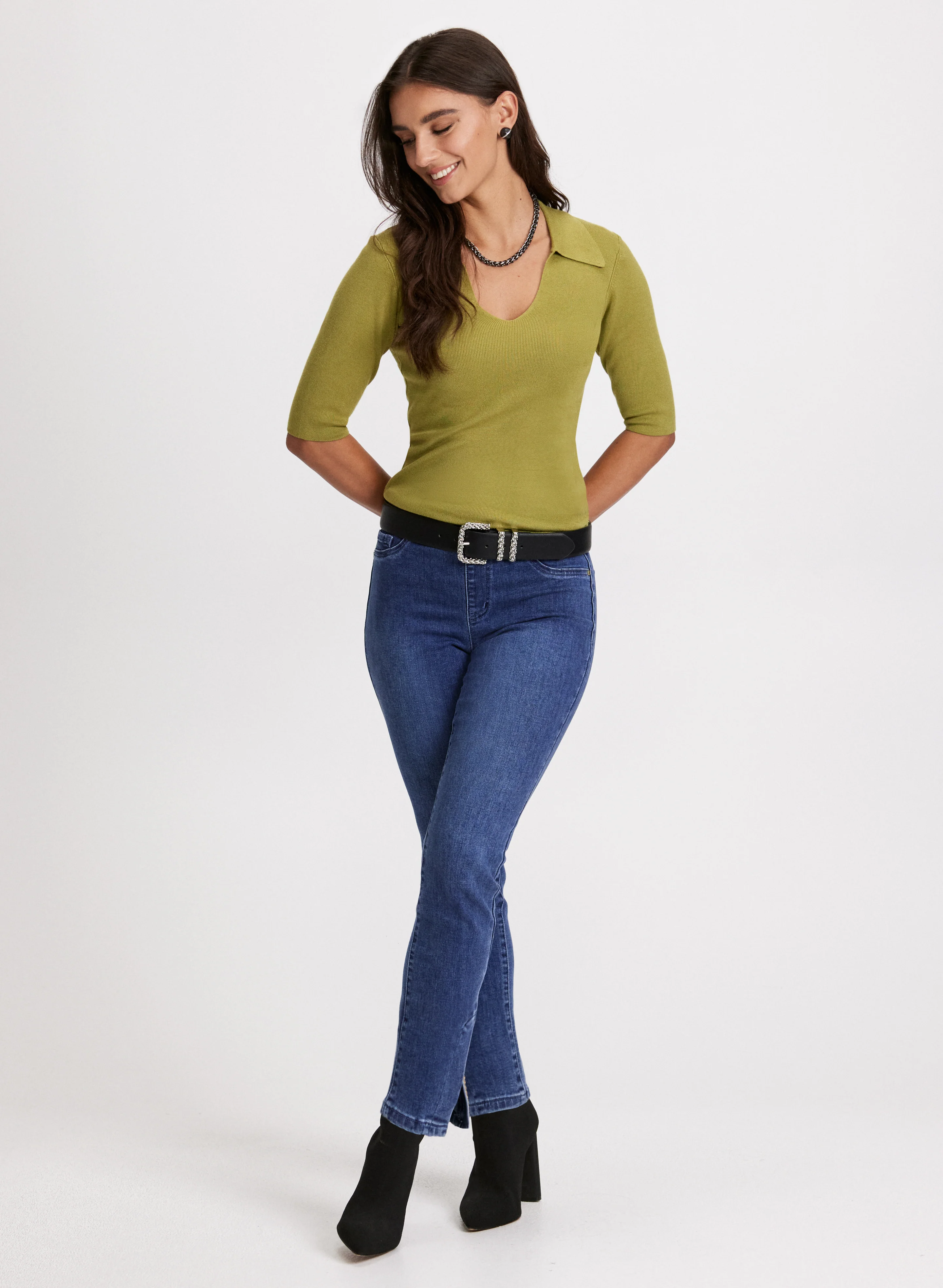 V-Neck Polo Sweater & Embellished Hem Slit Jeans