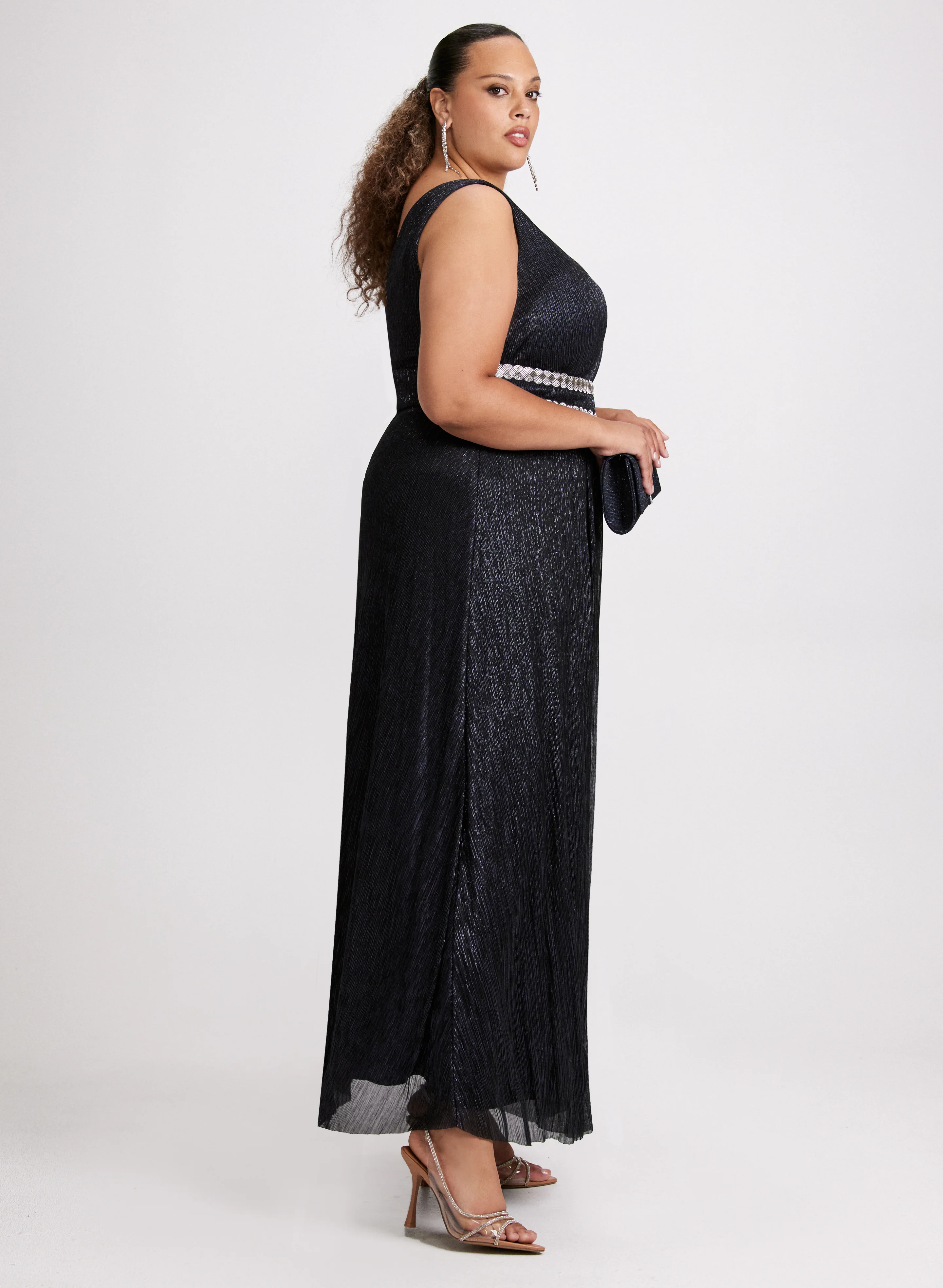 V-Neck Rhinestone Waist Dress - Image 3