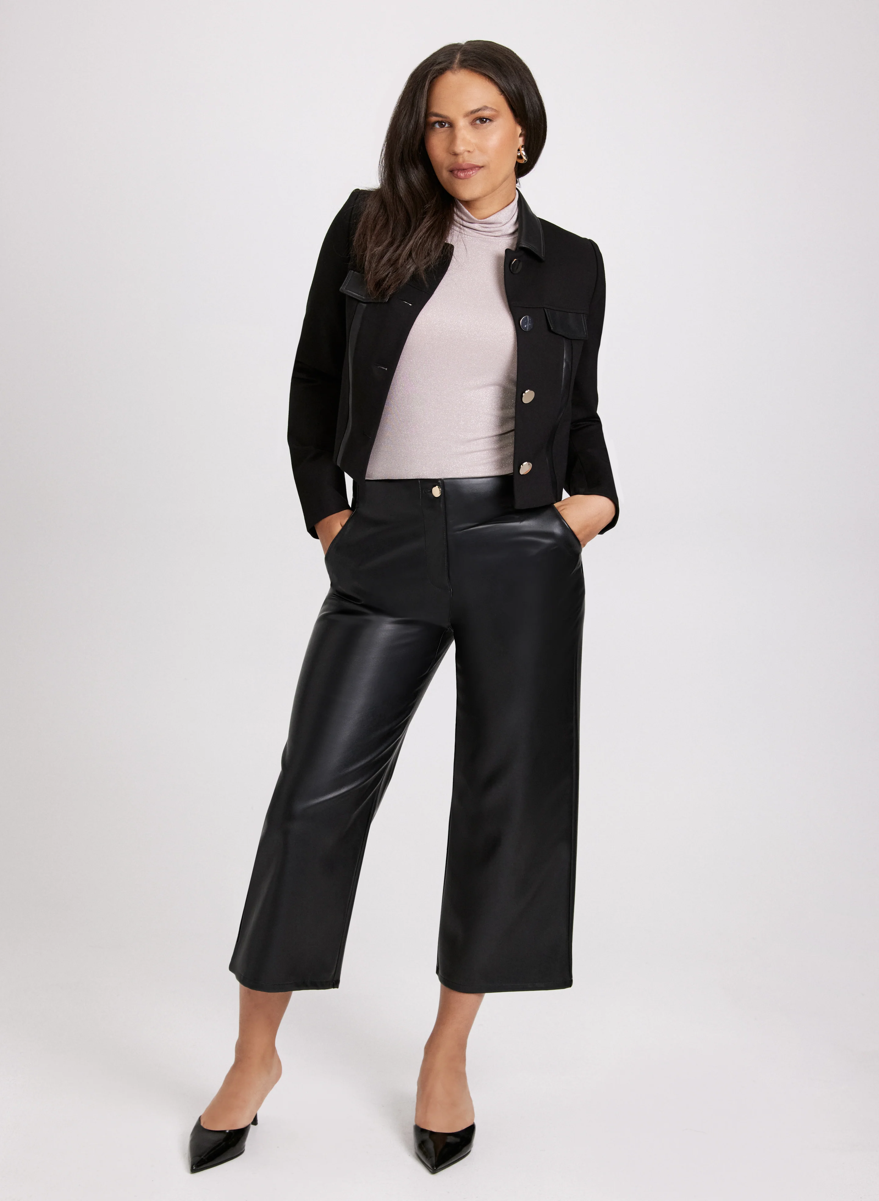 Vegan Leather Detail Cropped Jacket - Image 3