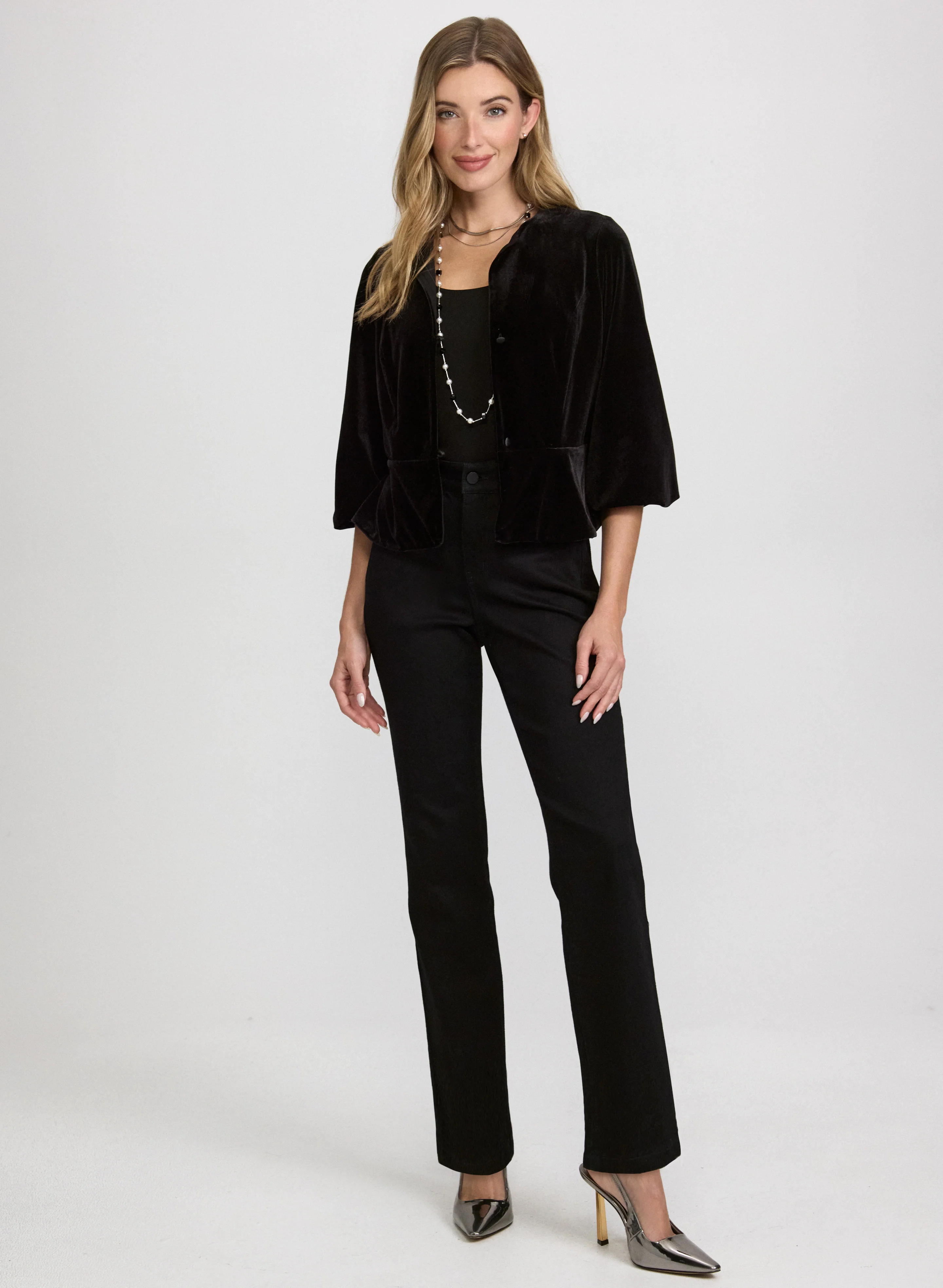 Velvet Peplum Jacket & Straight-Leg Jeans