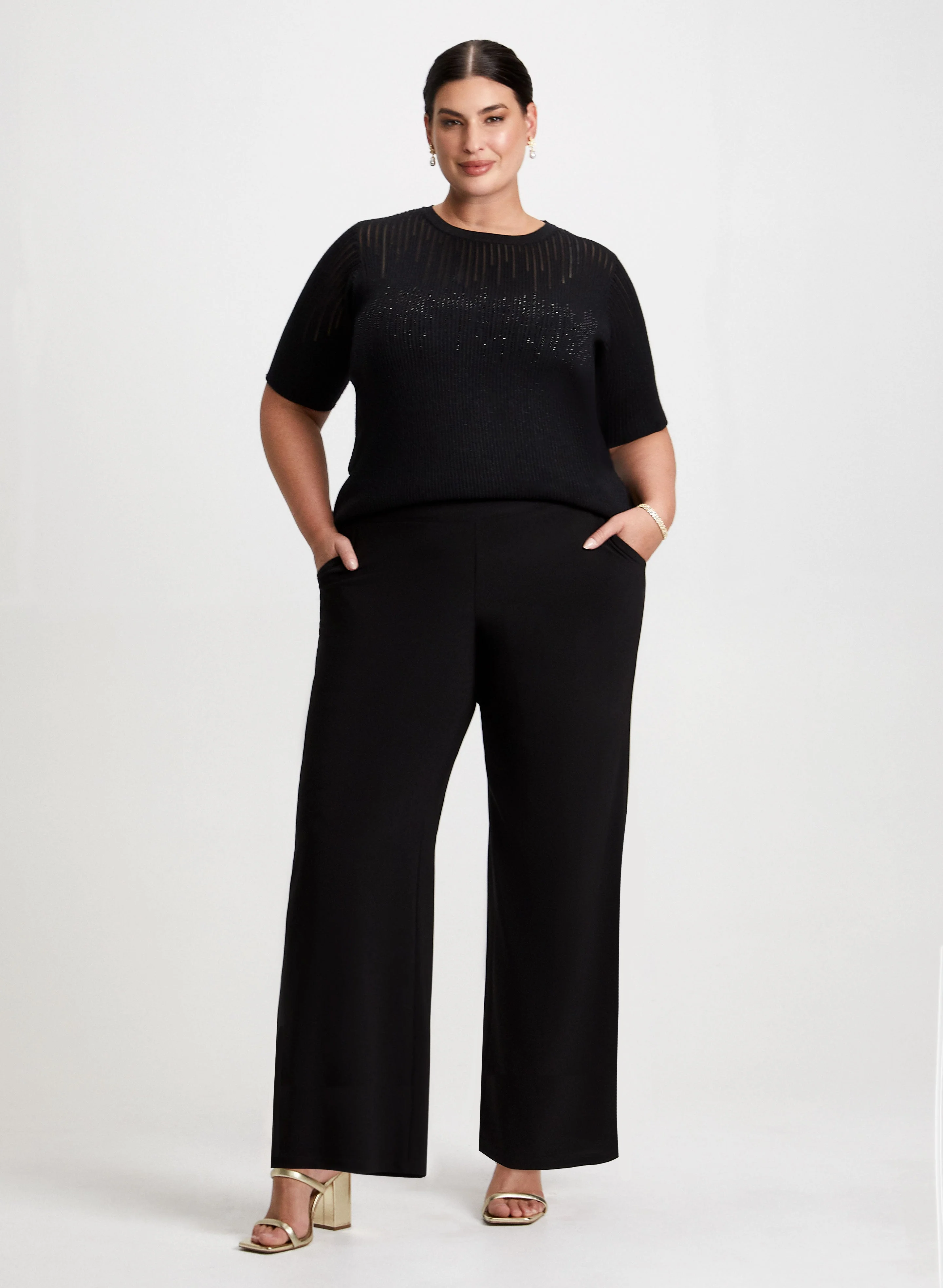 Wide Leg Pants & Rhinestone Motif Sweater