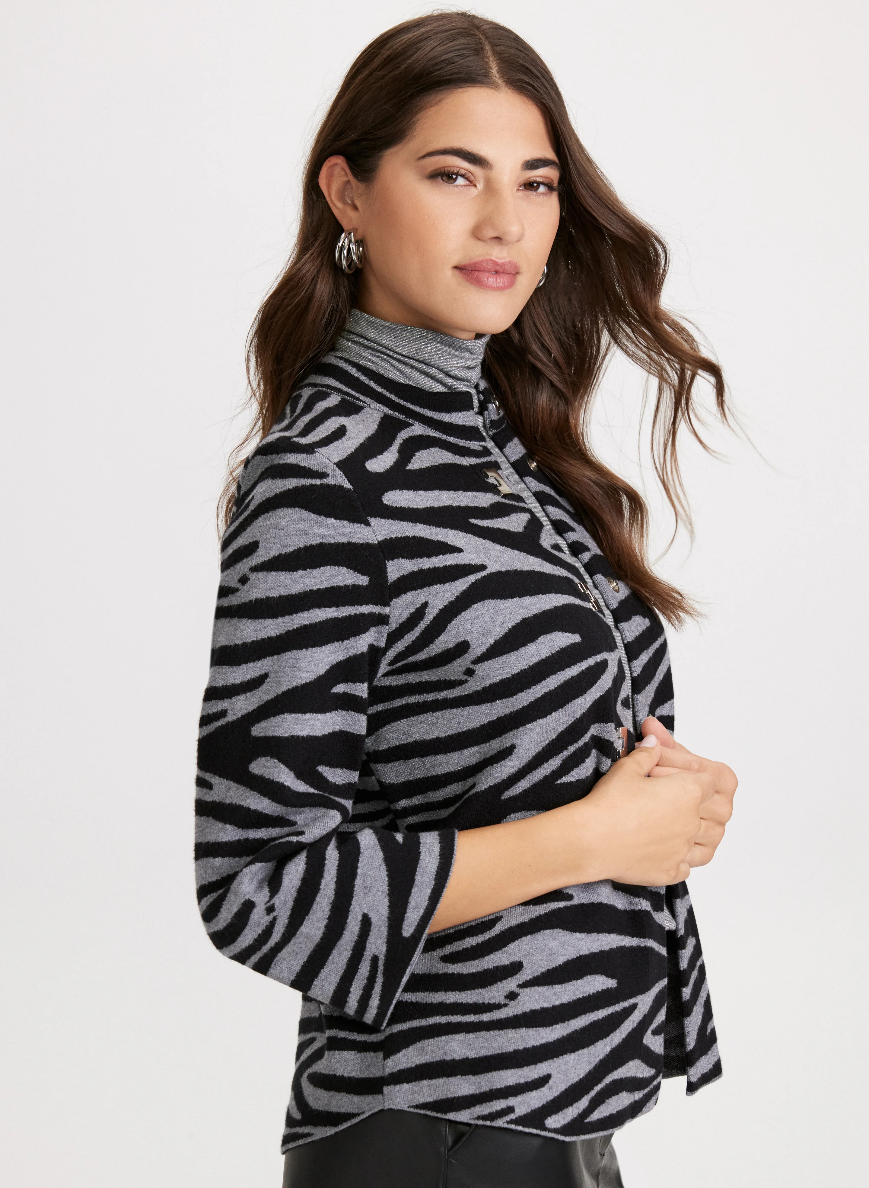 Zebra Print Mock Neck Cardigan - Image 2