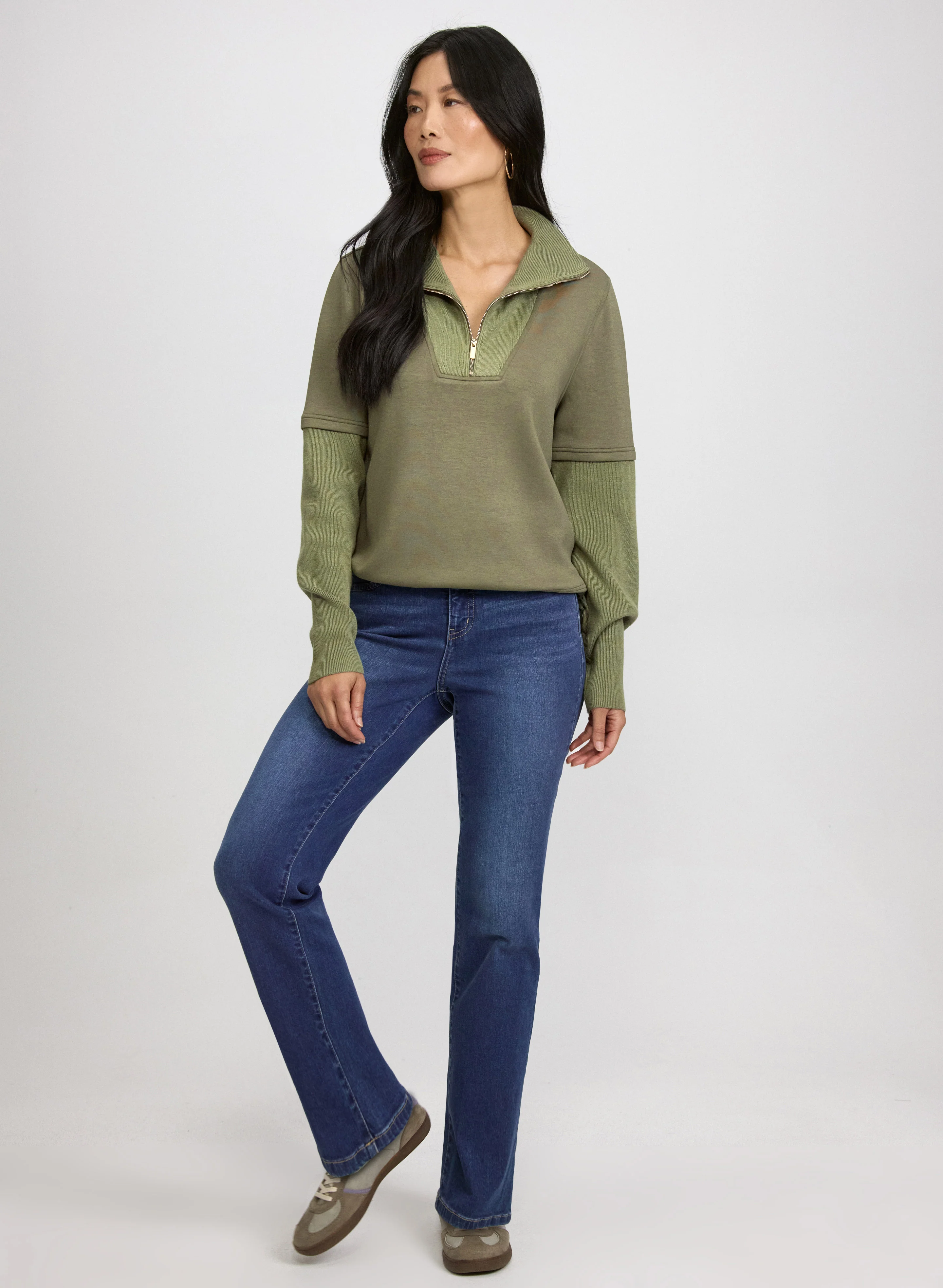 Zip-Up Funnel Neck Top & Straight-Leg Jeans